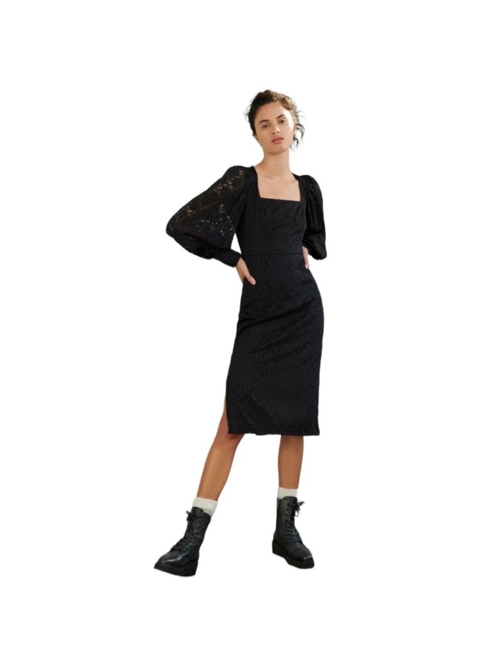 Anthropologie Hutch Black Dolly Long Puff Sleeve Lace Midi Dress Size XS